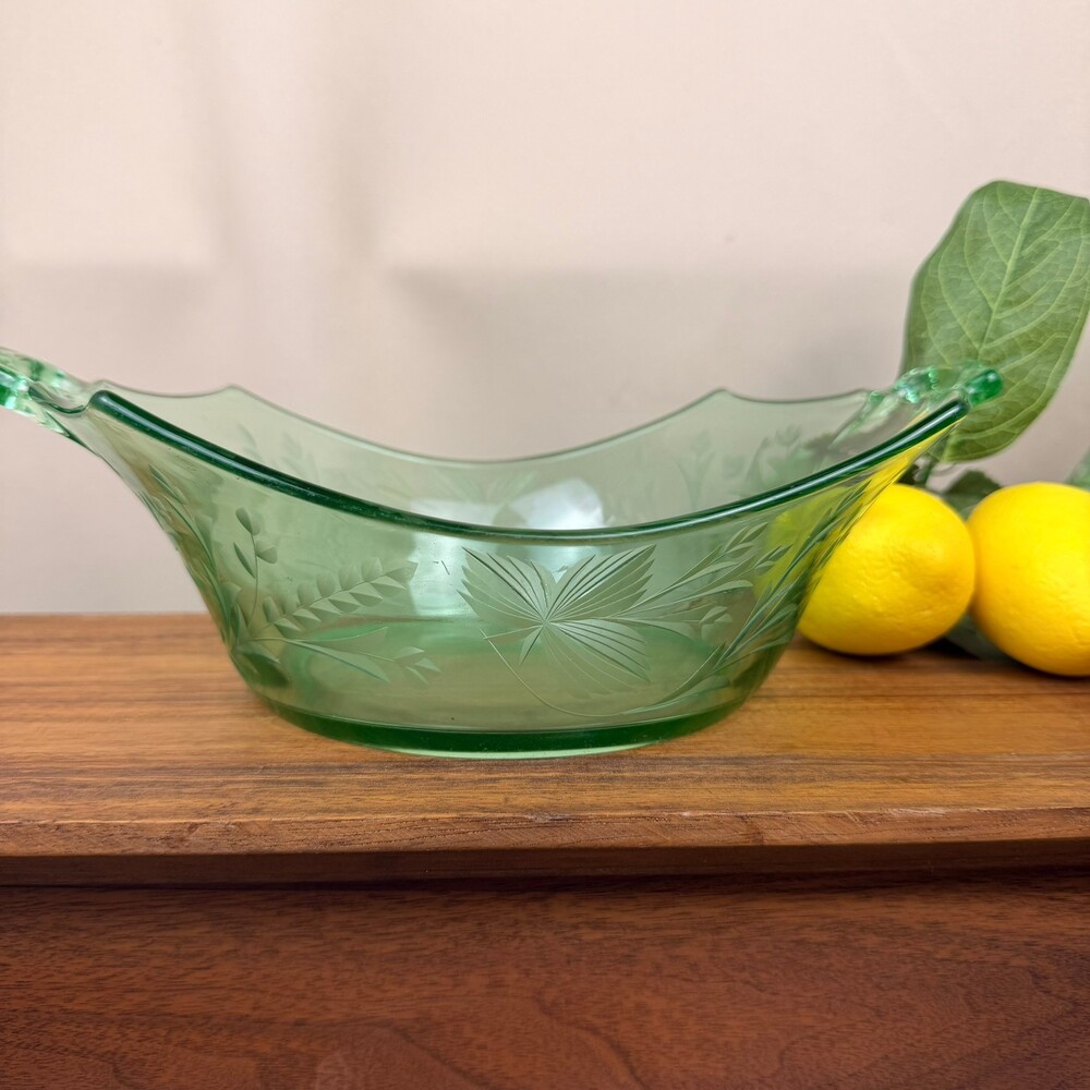 Vintage Green Uranium Glass Etched Floral Bowl Flared Scalloped Double Handle